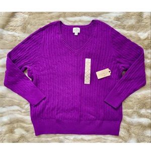 NWT ST JOHNS BAY Purple Cableknit V-Neck Sweater